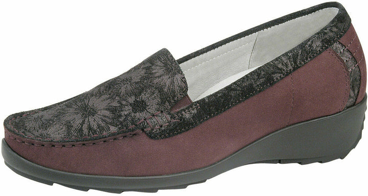 Waldlaufer 348501 Hanin WIDE FIT Maroon Leather Floral Slip On Moccasin Loafers