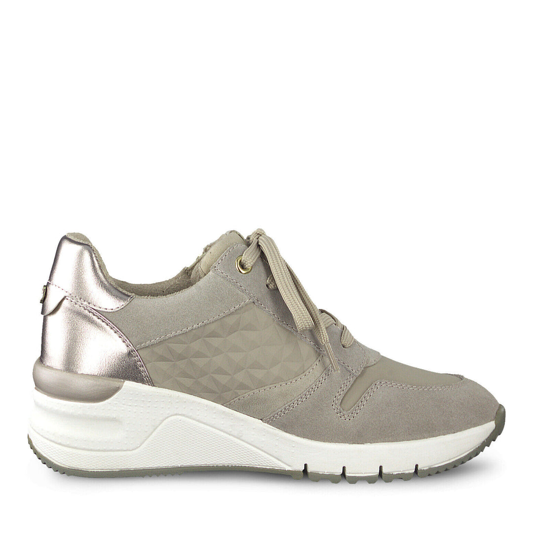 Tamaris 23702 Taupe Nubuck Gold Leather Trainers Lace Up Zip Athleisure Wedge