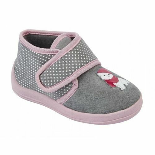 Sleepers Girls Slippers Grey & Pink Cat Motif Polka Dot Warm Booties With Strap