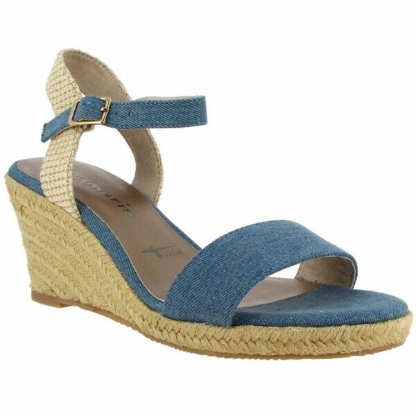 Tamaris 28300 Ladies Light Blue Denim Canvas Espadrille Wedge Heel Sandals