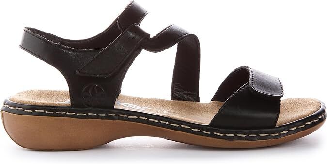 Rieker 659C7 Ladies Black Leather Low Wedge Double Touch Fasten Sandals