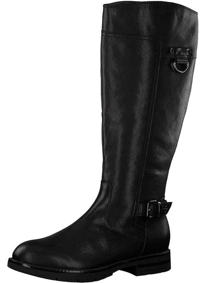 Tamaris 25603 Black Premium Leather High Cut Riding Boots With Zip & Buckle Trim