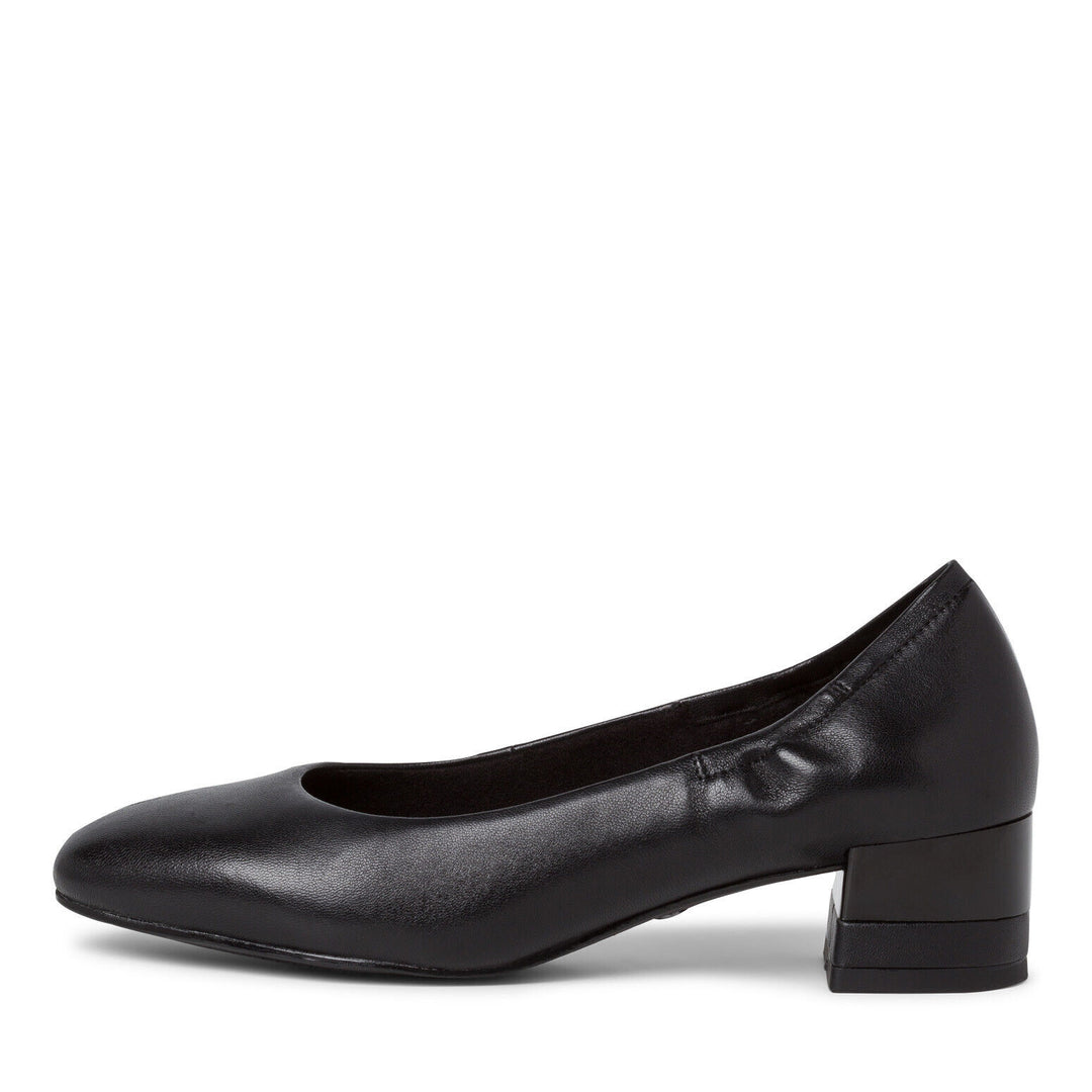 Tamaris 22301 Black Soft Leather Court Shoes  Elasticated Patent Low Block Heel