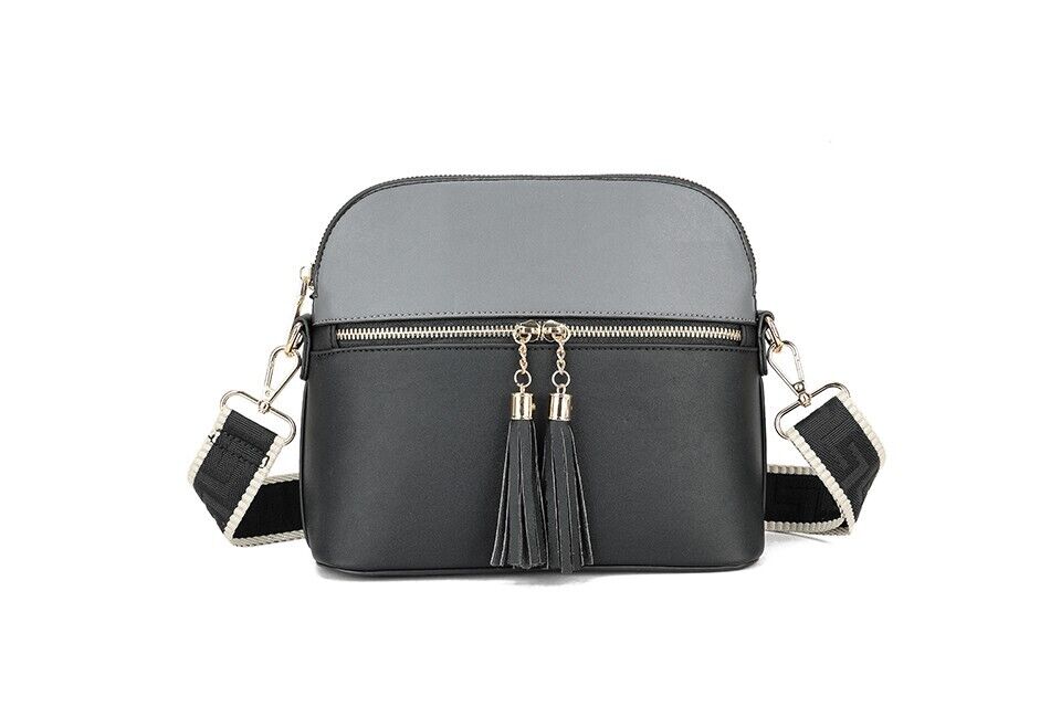 Long & Son Ladies Black/Grey Tassel Zip Crossbody Adjustable Chain Multi Pockets