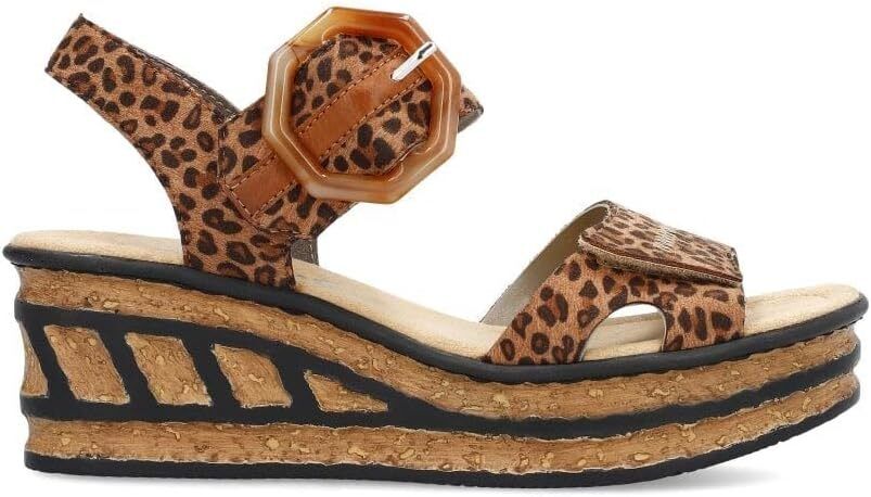 Rieker 68716 Ladies Brown Leopard Touch Fasten Mid Wedge Slingback Sandals