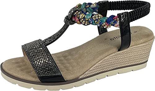 Cipriata L284 Women's/ Ladies Black Elasticated Diamante Wedge Party Sandals With Memory Foam