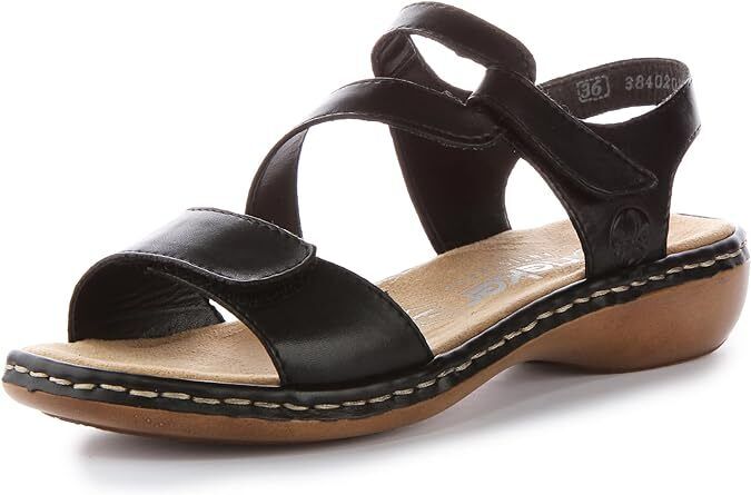 Rieker 659C7 Ladies Black Leather Low Wedge Double Touch Fasten Sandals