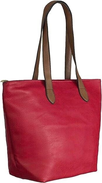 FAUX LEATHER MEDIUM TOTE SHOULDER/SHOPPING BAG WITH TAN STRAP AND ZIP FASTENING RED