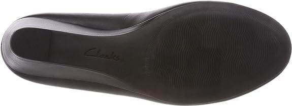 Clarks Flores Tulip Ladies Black Leather Slip On Cushioned Wedge Heel Court Shoe