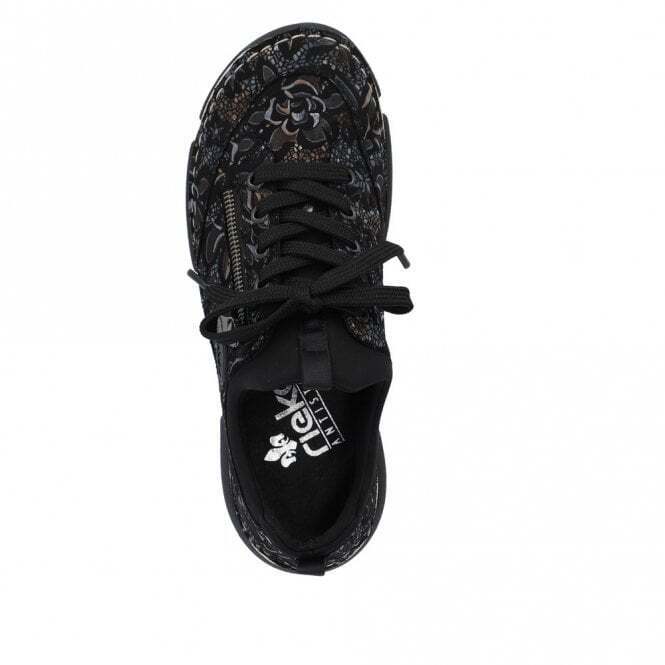 Rieker Antistress 45973 Metallic Black Floral Slip On Fashion Trainer Shoes With Lace Up Adjustment