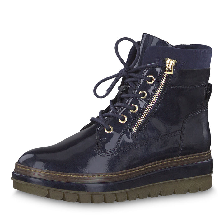 Tamaris 25223 Navy Blue Patent Chunky Sole Zip & Lace Up Ankle Chukka Boots