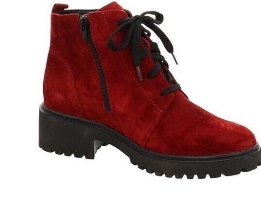 Waldlaufer H-Luise Ladies Wide Fit Red Suede Leather Lace/Zip Up Ankle Boots