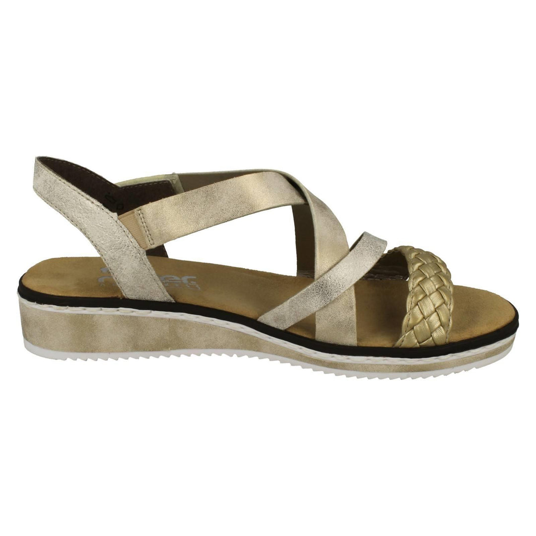 Rieker V3663 Ladies Wide Fit Gold Faux Leather Crossover Straps Single Touch Fasten Wedge Sandals