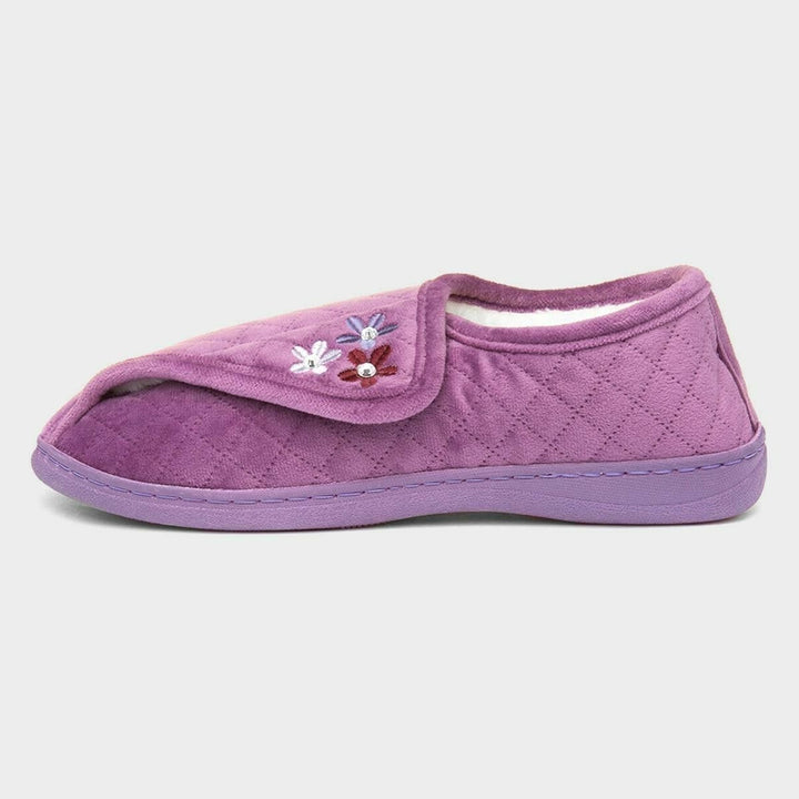 Dr Keller Lilyanna Womens Purple Quilted Velour Fleece Lined Slippers With Strap