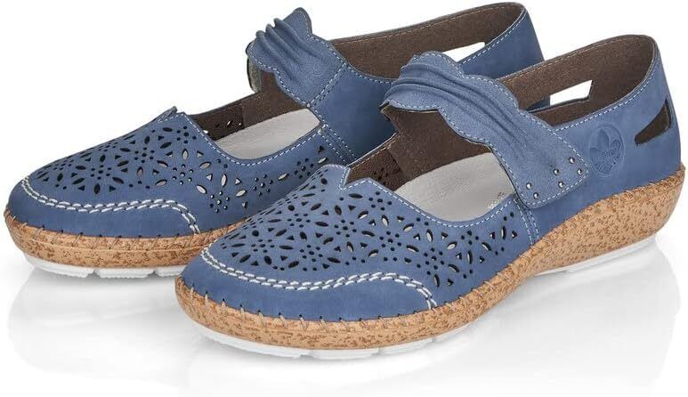 Rieker 44896 Ladies Wide Fit  Blue Perforated Leather Mary Jane Strap Shoes