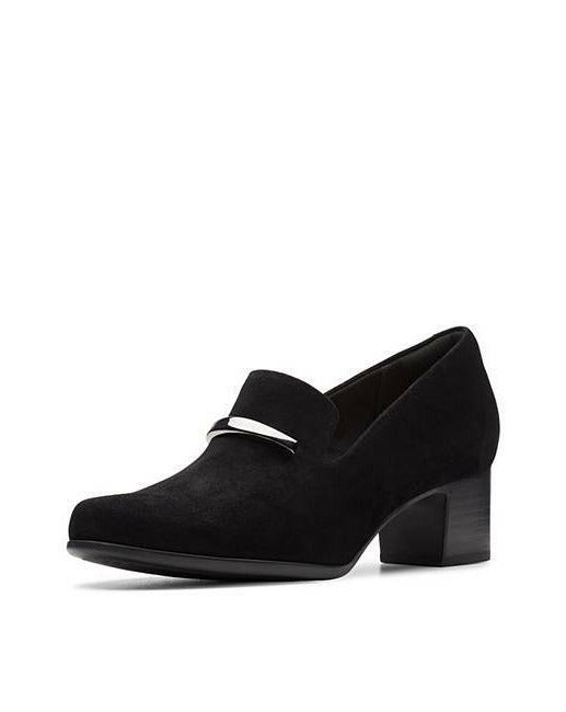 Clarks UN Damson Lane Womens Black Suede Low Block Heel High Fronted Court Standard D Fit Shoes