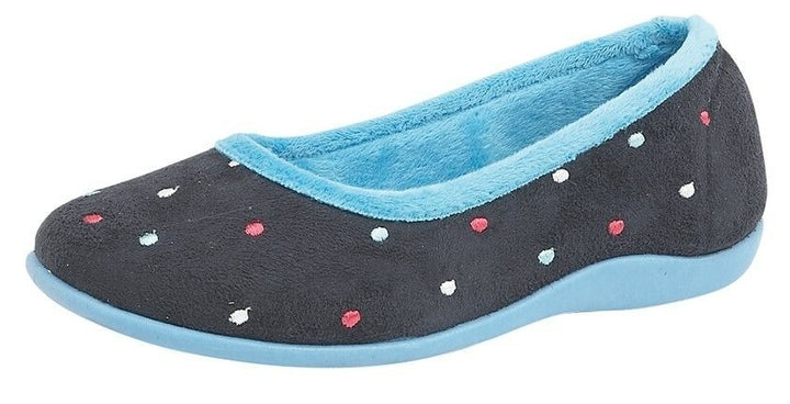 Sleepers LS343 Navy Blue Polka Dot Patterned Microfibre Ballerina Slippers With Memory Foam