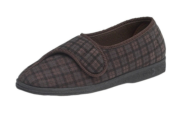 Comfylux Paul Mens Washable WIDE FIT Brown Check Open Out Slippers With Strap