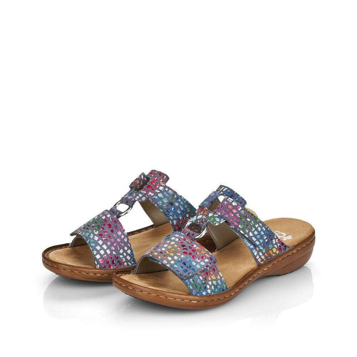 Rieker 608P9 Ladies Blue Multi Leather Double Touch Fasten Wide Fit Mule Sandals