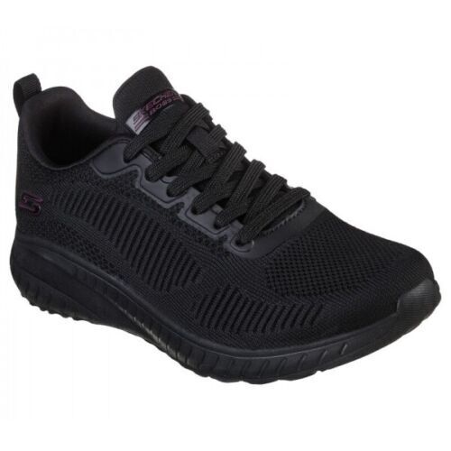 Skechers BOBS Chaos Face Off Ladies Vegan Black Light Weight Lace Up Trainers With Memory Foam