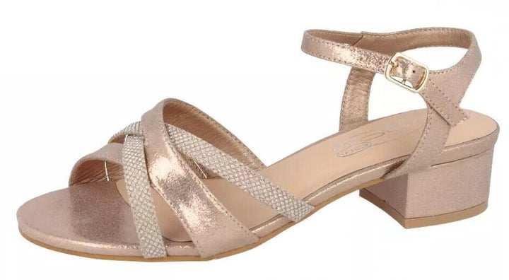 Spot On F12118 Ladies Wide EEE Fit Rose Gold Block Heel Crossover Strap Party Sandals