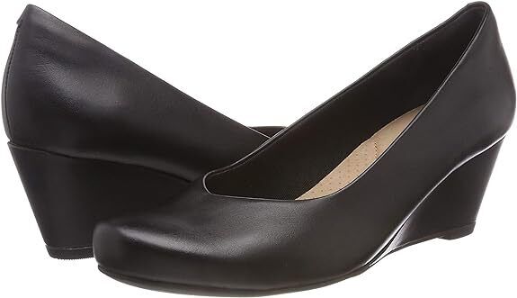 Clarks Flores Tulip Ladies Black Leather Slip On Cushioned Wedge Heel Court Shoe