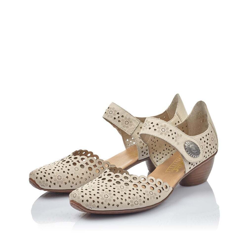 Rieker 43753 Ladies Beige Punched Leather Mary Jane Block Heel Wide Sandals