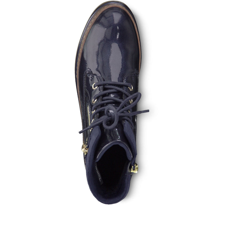 Tamaris 25223 Navy Blue Patent Chunky Sole Zip & Lace Up Ankle Chukka Boots