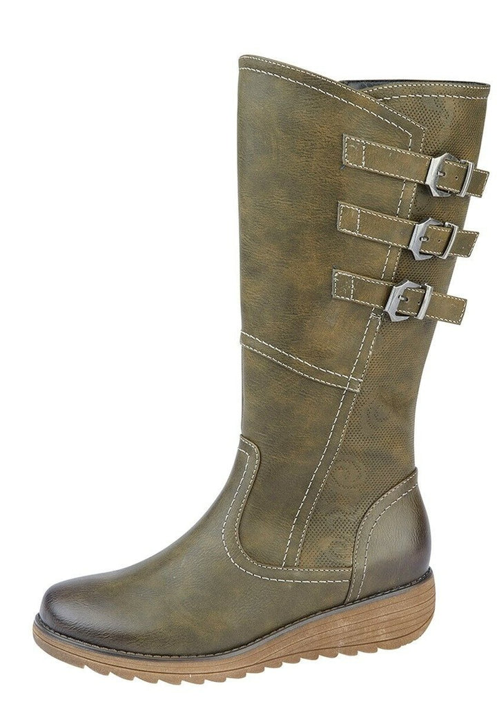 Cipriata L239 Women's/Ladies Olive Green WIDE Knee High Vario Calf Fitting Wedge Boots With Inside Zip & Memory Foam