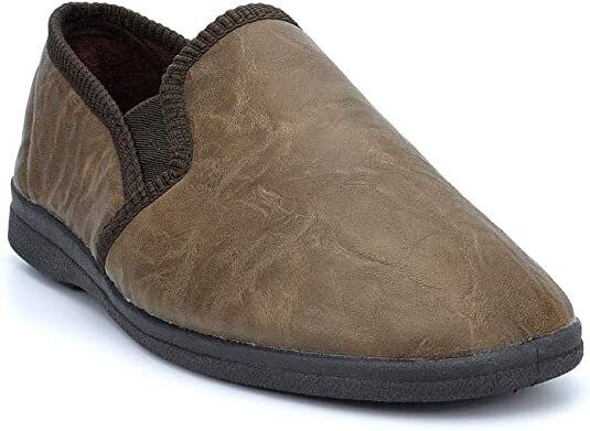 Sleepers MS538 Eric Mens Brown Faux Leather Slip On Full  Slippers With Twin Gussets