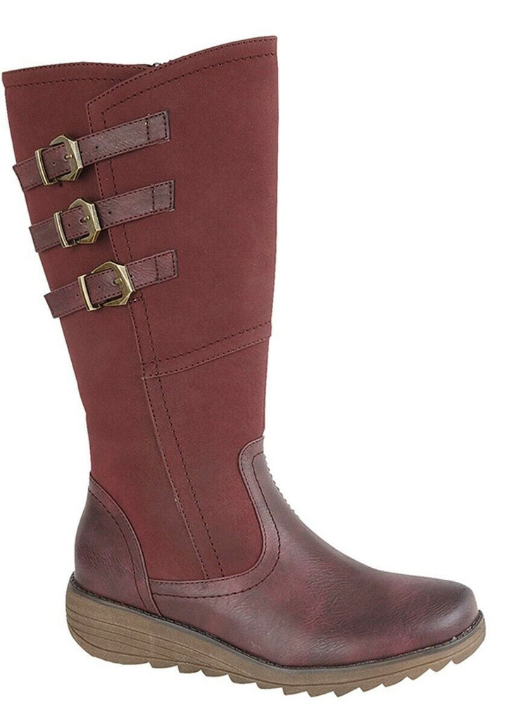 Cipriata L021 ITALANIA Ladies Red Wide Calf Triple Buckle High Leg Wedge Boots