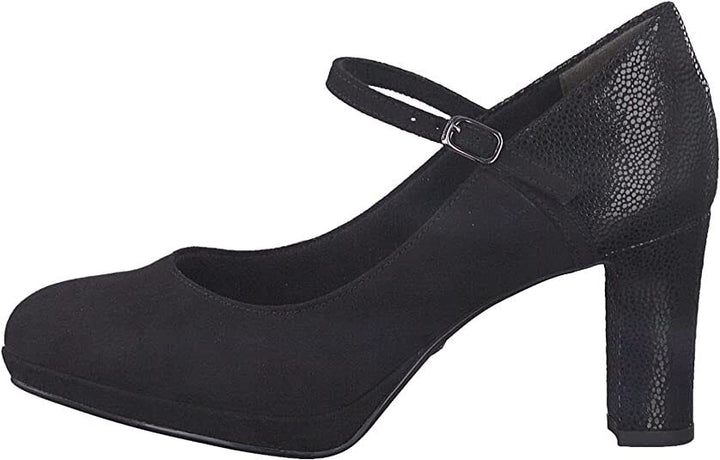 Tamaris 24409 Ladies Vegan Black Textile Comfort Lining Strap Block Heel Court Platform Shoes