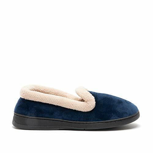 Jo & Joe Cashmere Ladies Light Weight Navy Blue Soft Velour Warm Lined Fleece Trim Hard Sole Slippers