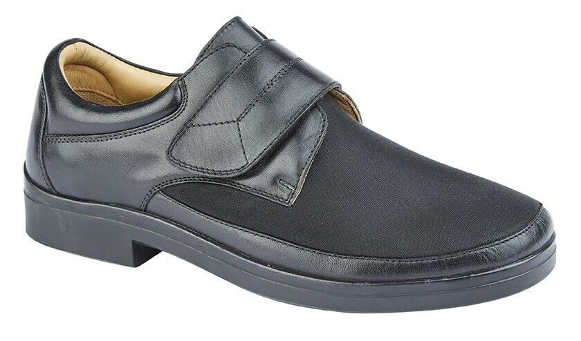 Roamers M195 XXX EXTRA WIDE Black Leather & Stretch Lycra Elasticated Casual Shoes With Single Velcro Strap & Removable Insoles