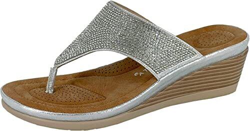 Cipriata L238 Women's Silver Sparkle Light Weight Diamante Toe Post Wedge Heel Mule Sandals