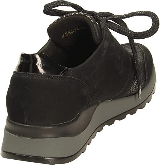 Waldlaufer Hiroko Wide Fit Trainers Black Nubuck With Snake Print Stretch Panel Lace Up & Adjustable Fastening