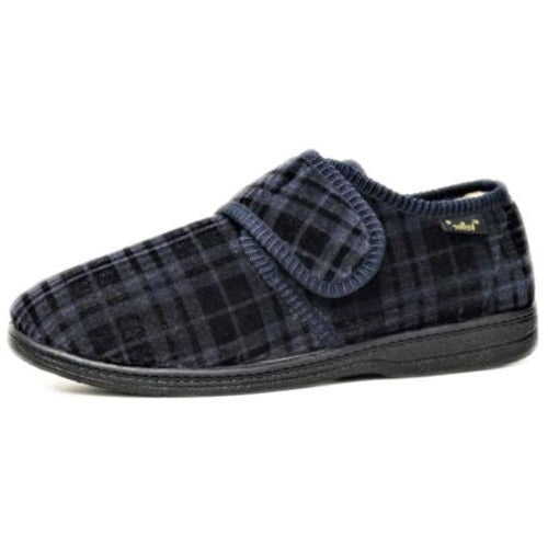 Dr Keller Donald Mens WIDE FIT Navy Check Velour Touch FastenFur Lined Slippers