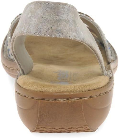 Rieker 60880 Ladies Silver Slip On Slingback Low Wedge Sandals Beads Disc Design