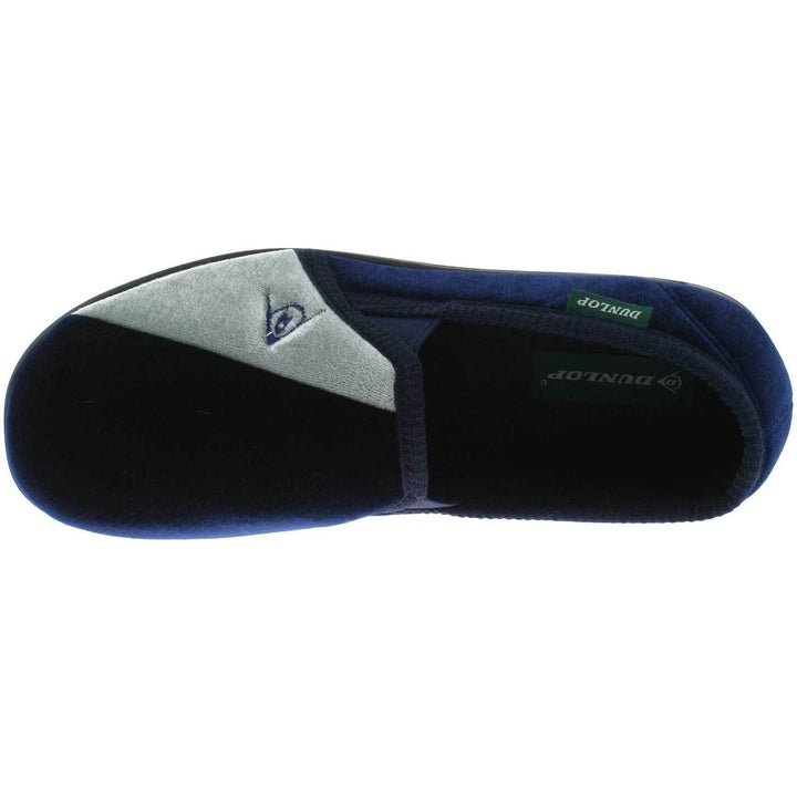 DUNLOP WINSTON MENS NAVY BLUE & GREY VELOUR TWIN GUSSET WASHABLE FULL SLIPPERS