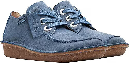 Clarks Funny Dream Womens Leather Lace Up Curved Wedge Comfort Shoes Blue Nubuck