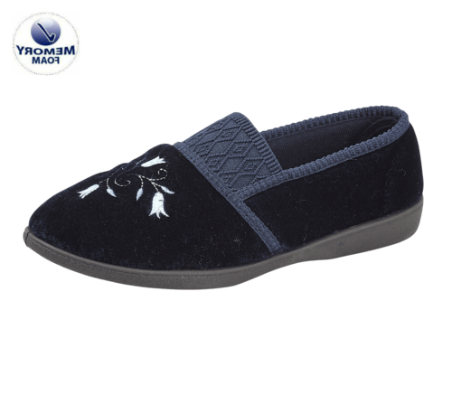 Jo & Joe Enid Womens WIDE FIT (EE) Navy Blue Velour Soft Elasticated Full Slippers With Floral Design