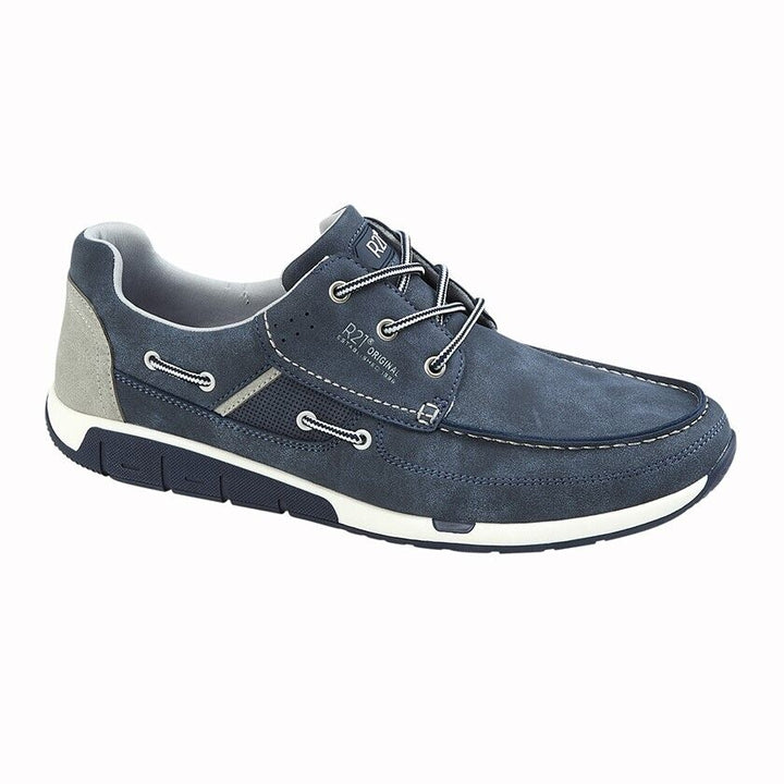 Route 21 M141 Mens Navy /White Faux Leather Casual 3 Eyelet Lace Up Boat Shoes