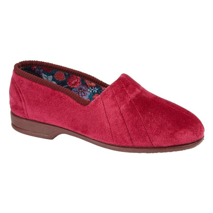 Sleepers Audrey Womens Red Soft Warm Comfy Slip On Velour Roll Top Wide E Fitting Slippers With Removable Insoles