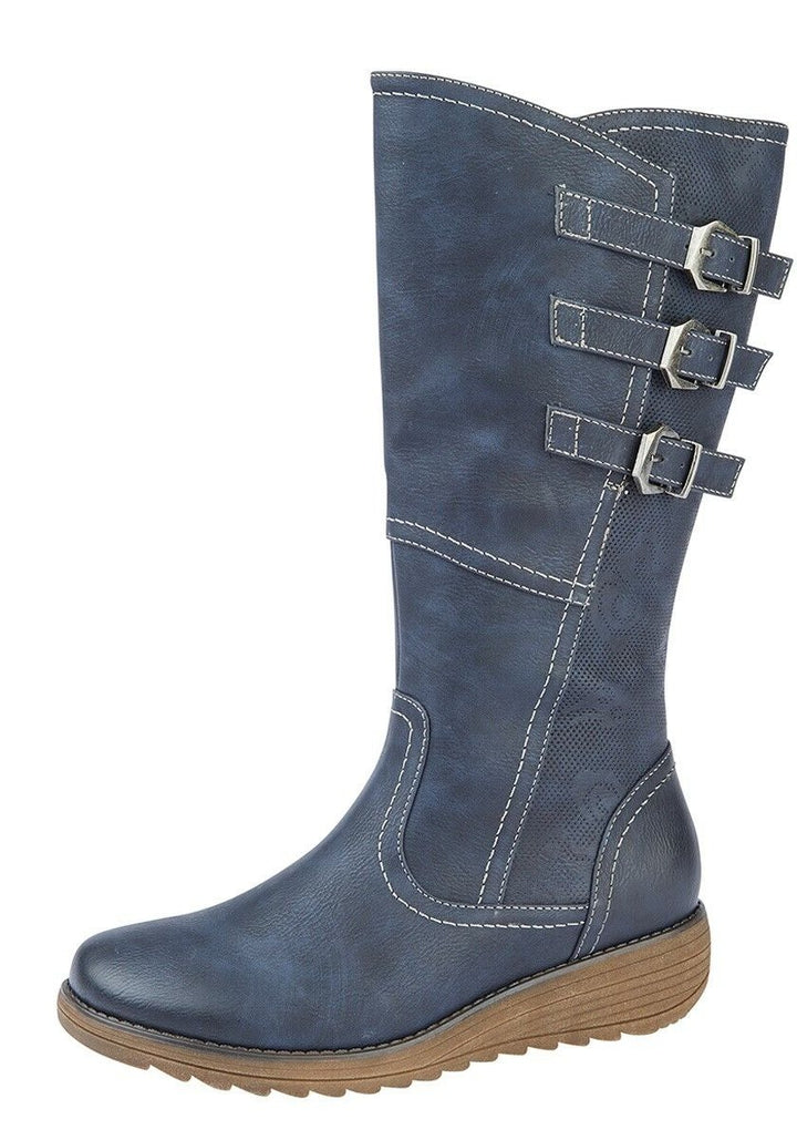 Cipriata Latina L239 Women's/ Ladies Navy Blue Knee High WIDE Vario Calf Fitting Wedge Boots With Memory Foam