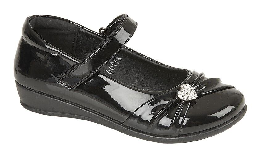 US Brass C794 Girls Black Patent School Shoes Mary Jane Touch Fasten Strap