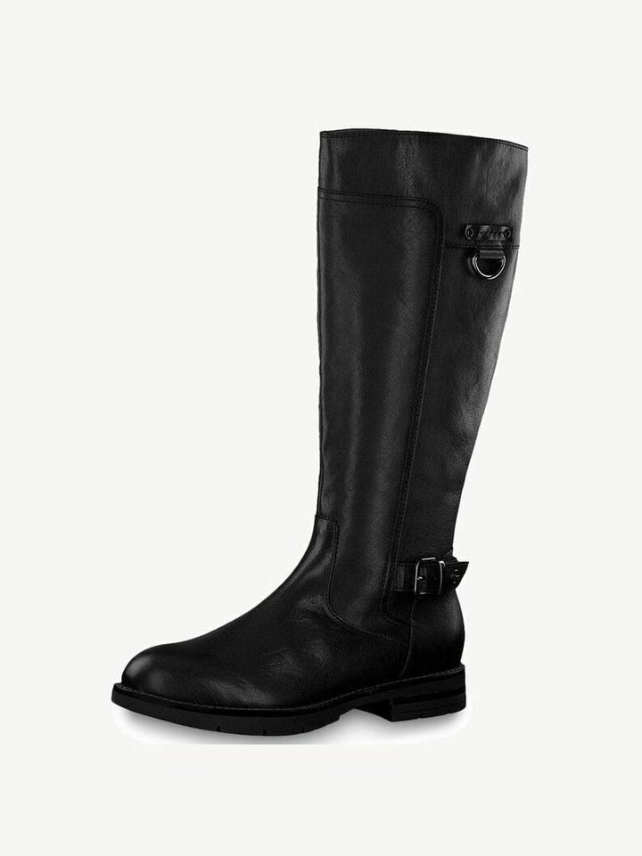 Tamaris 25603 Black Premium Leather High Cut Riding Boots With Zip & Buckle Trim