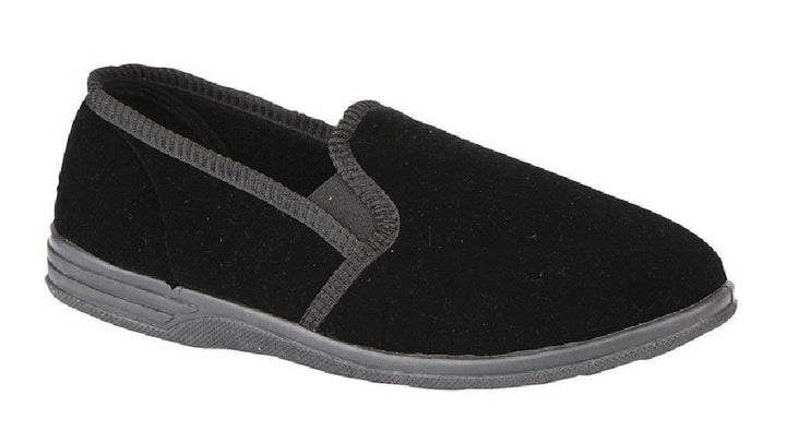 Zedzzz Ross Mens Black Soft Velour Twin Gusset Full Slippers With Rubber Sole