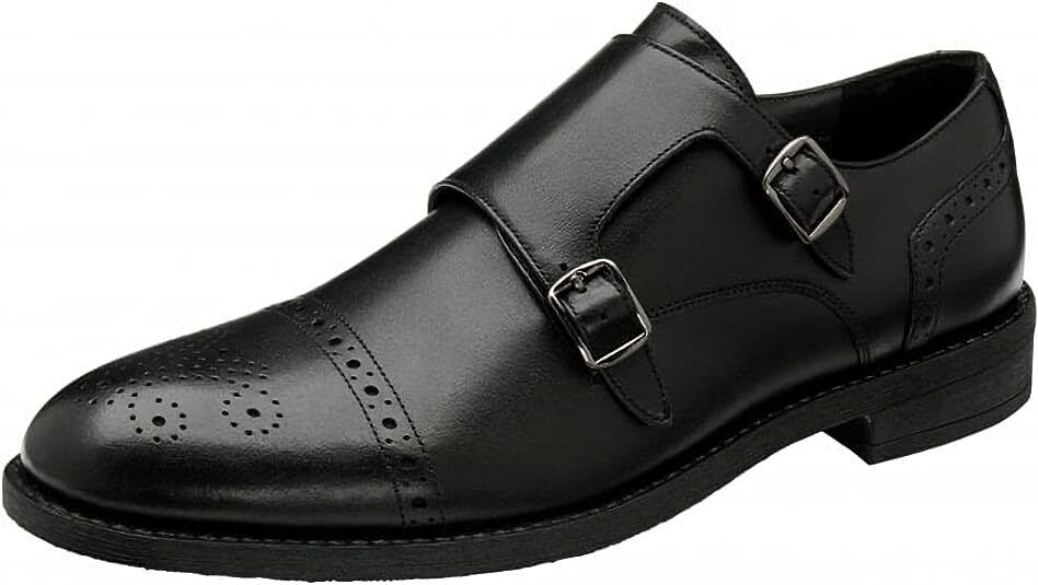 Frank Wright Moulton Mens Black Leather Double Buckle Brogue Patterned Monk Shoes