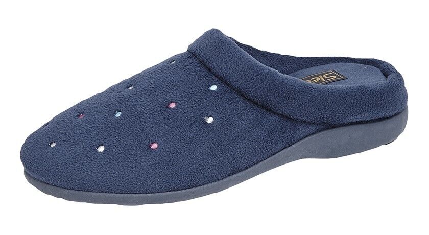 Sleepers LS964 Navy Blue Soft Velour Mule Slippers With Memory Foam Polka Dot