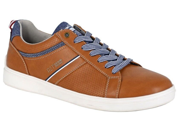 Route 21 M887 Mens Tan/ Denim Trainers 7 Eyelet Lace Up Leisure Sports Sneakers